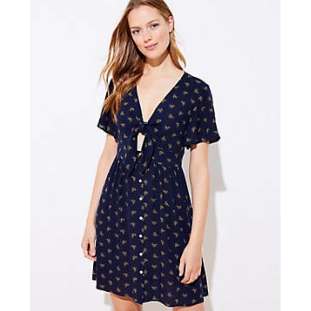 Loft Beach Women's Navy Floral Tie‎ Front Dress Flutter Sleeves Size 6